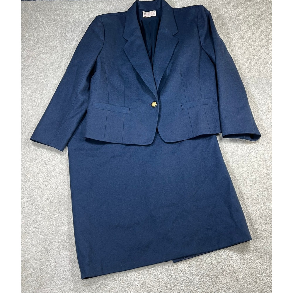 Pendleton Womens Large Navy Blue Virgin Wool Skirt Suit Blazer Set Vintage USA